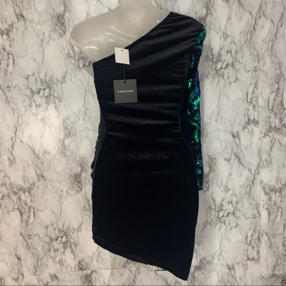 Parisian Sequin Blue Green One Sleeve Dress size 2 - Picture 5 of 7